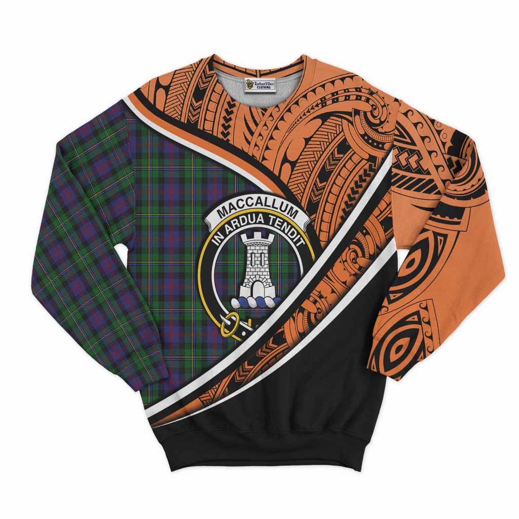 Tartan Vibes Clothing MacCallum (McCallum) Crest Tartan Sweatshirt with Maori Tattoo Style - Orange Version