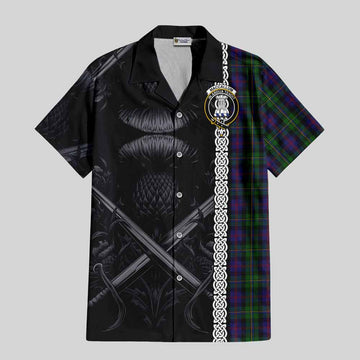 MacCallum (McCallum) Tartan Short Sleeve Button Shirt with Family Crest Cross Sword Thistle Celtic Vibes