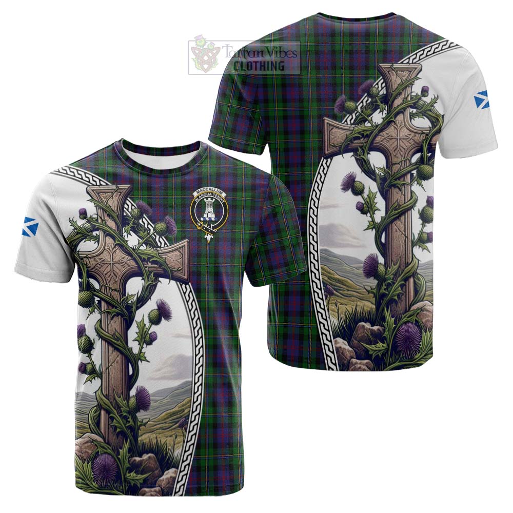 Tartan Vibes Clothing MacCallum (McCallum) Tartan Cotton T-shirt with Family Crest and St. Andrew's Cross Accented by Thistle Vines