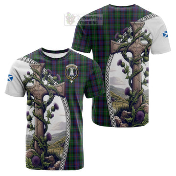 MacCallum (McCallum) Tartan Cotton T-shirt with Family Crest and St. Andrew's Cross Accented by Thistle Vines