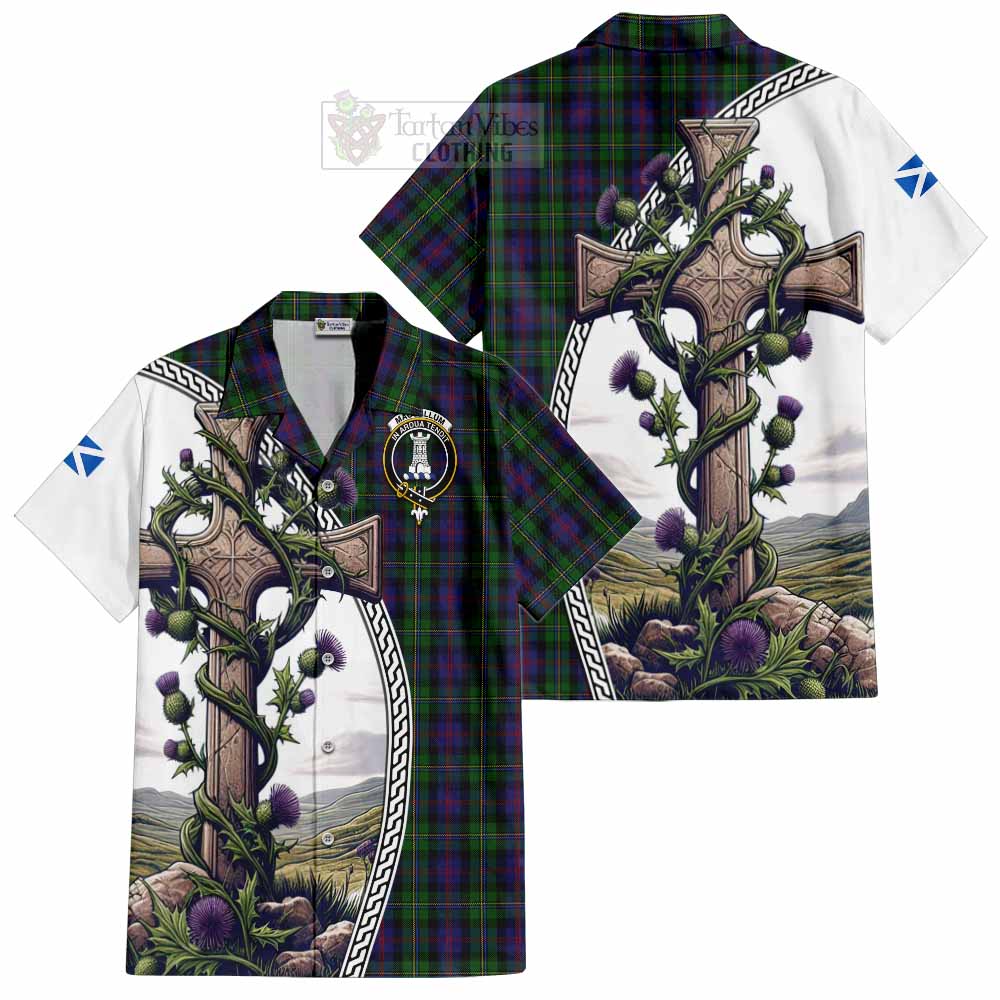 Tartan Vibes Clothing MacCallum (McCallum) Tartan Short Sleeve Button Shirt with Family Crest and St. Andrew's Cross Accented by Thistle Vines