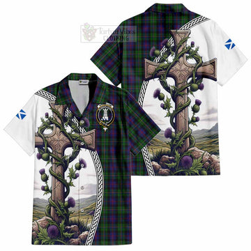 MacCallum (McCallum) Tartan Short Sleeve Button Shirt with Family Crest and St. Andrew's Cross Accented by Thistle Vines