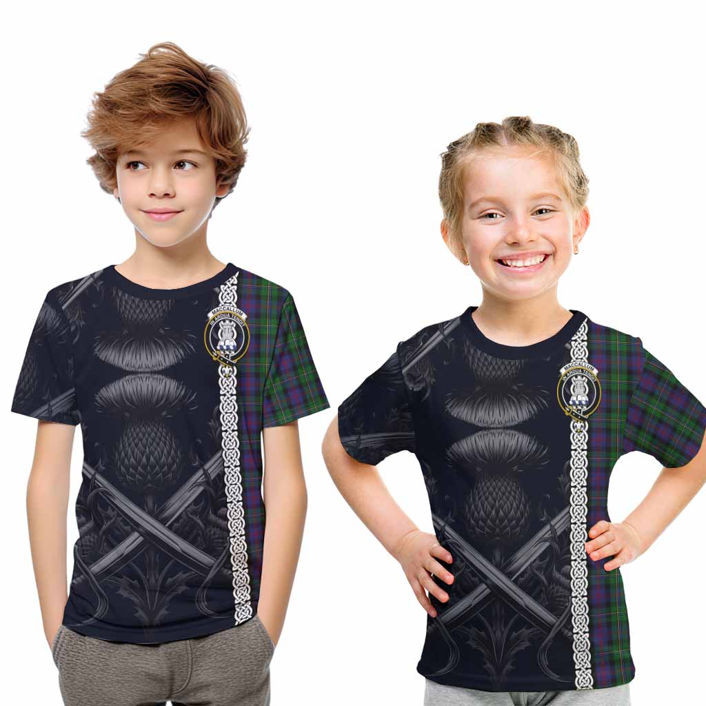 Tartan Vibes Clothing MacCallum (McCallum) Tartan Kid T-Shirt with Family Crest Cross Sword Thistle Celtic Vibes