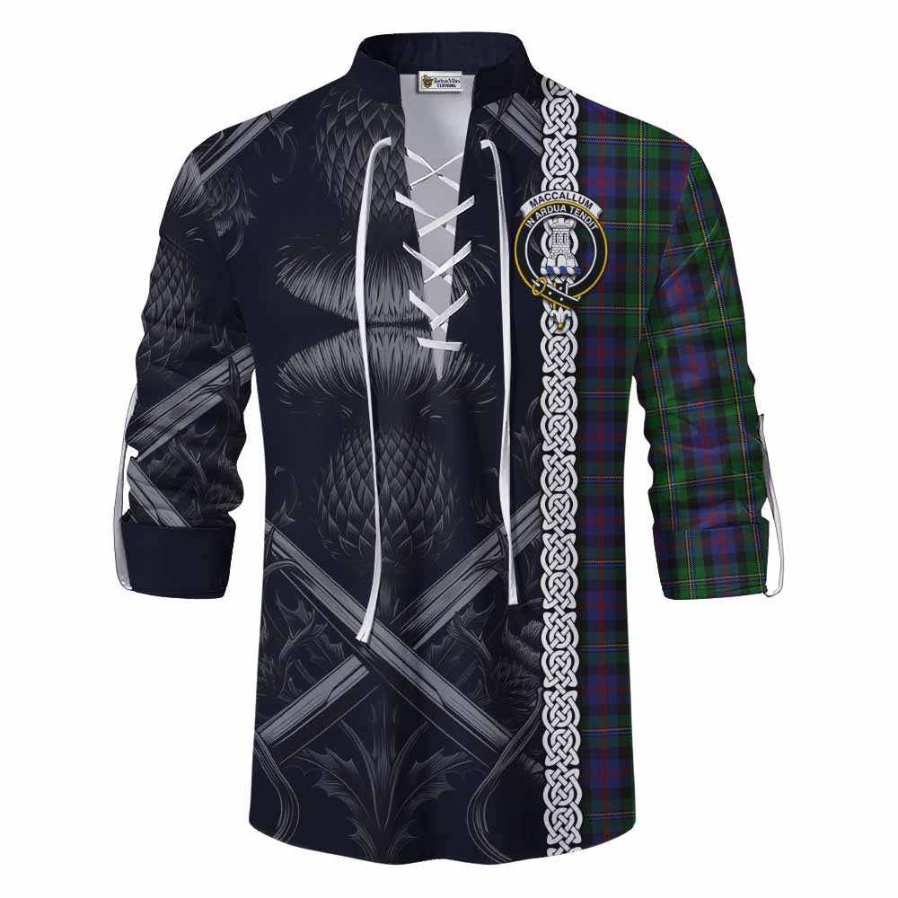 Tartan Vibes Clothing MacCallum (McCallum) Tartan Ghillie Kilt Shirt with Family Crest Cross Sword Thistle Celtic Vibes