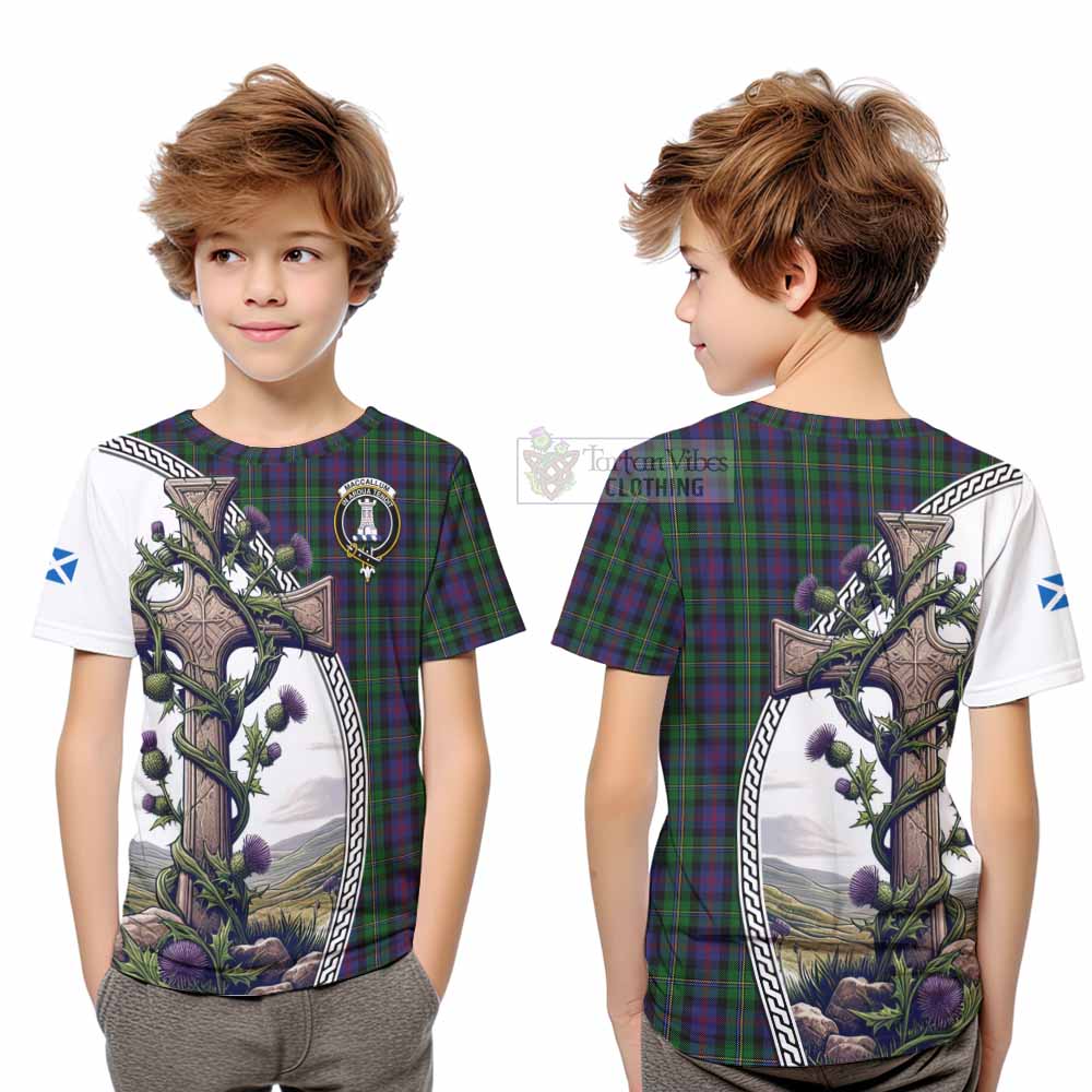 Tartan Vibes Clothing MacCallum (McCallum) Tartan Kid T-Shirt with Family Crest and St. Andrew's Cross Accented by Thistle Vines