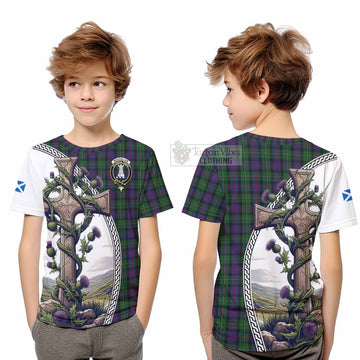 MacCallum (McCallum) Tartan Kid T-Shirt with Family Crest and St. Andrew's Cross Accented by Thistle Vines