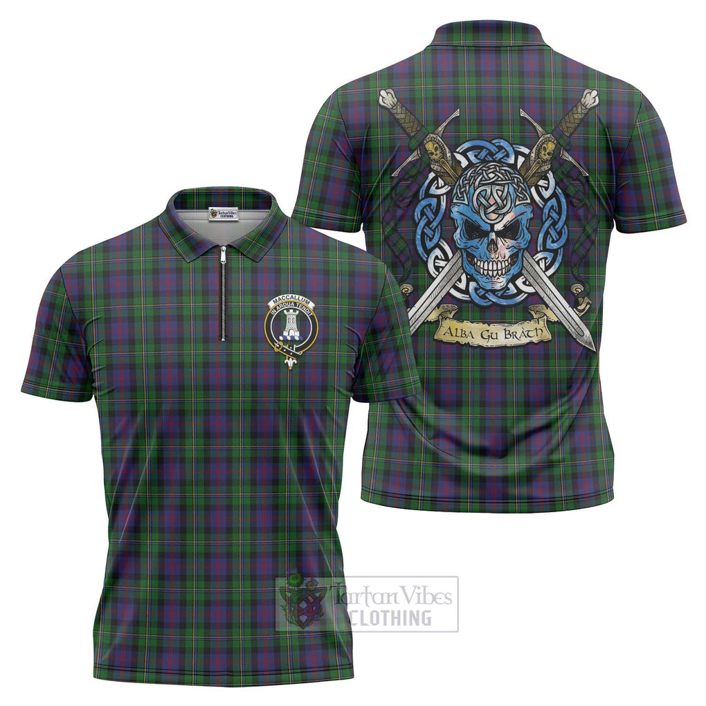 Tartan Vibes Clothing MacCallum (McCallum) Tartan Zipper Polo Shirt with Family Crest Celtic Skull Style