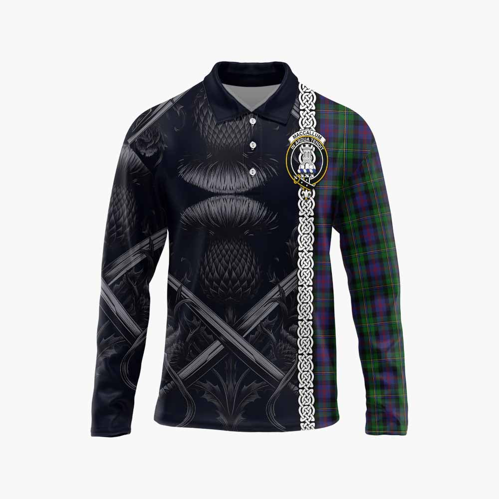 Tartan Vibes Clothing MacCallum (McCallum) Tartan Long Sleeve Polo Shirt with Family Crest Cross Sword Thistle Celtic Vibes