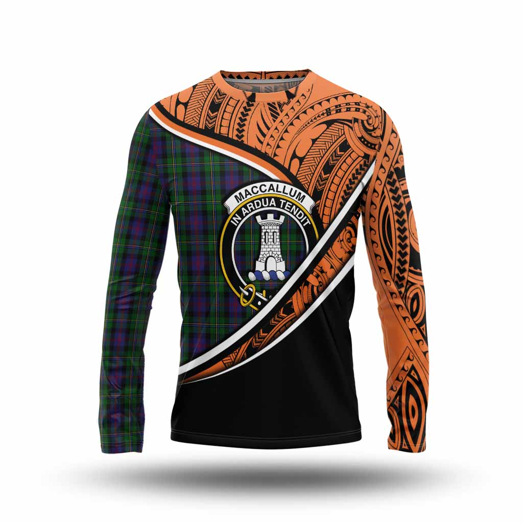 Tartan Vibes Clothing MacCallum (McCallum) Crest Tartan Long Sleeve T-Shirt with Maori Tattoo Style - Orange Version