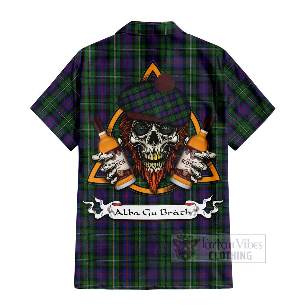 Tartan Vibes Clothing MacCallum (McCallum) Tartan Short Sleeve Button Shirt with Family Crest and Bearded Skull Holding Bottles of Whiskey