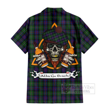 MacCallum (McCallum) Tartan Short Sleeve Button Shirt with Family Crest and Bearded Skull Holding Bottles of Whiskey