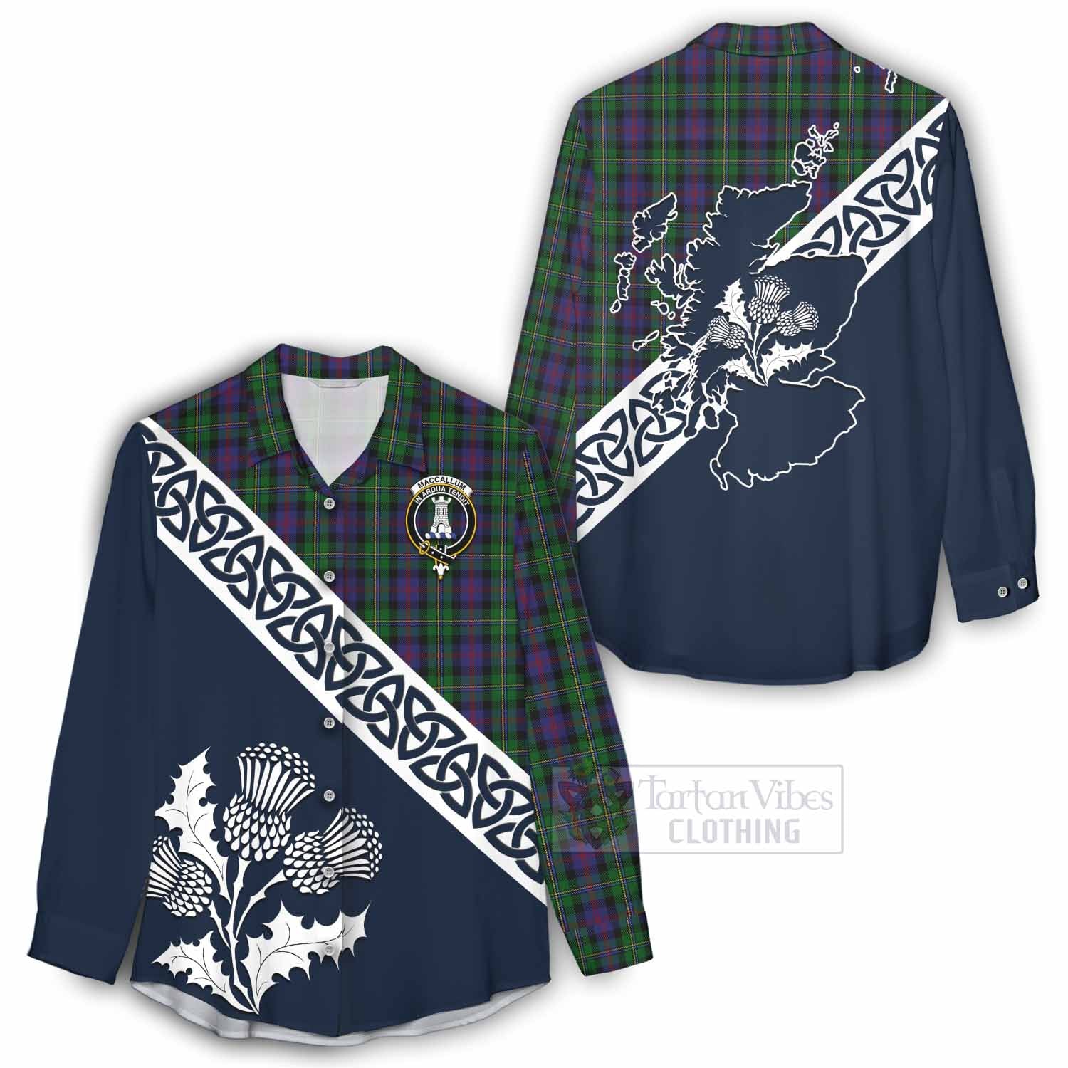 Tartan Vibes Clothing MacCallum (McCallum) Tartan Women's Casual Shirt Featuring Thistle and Scotland Map