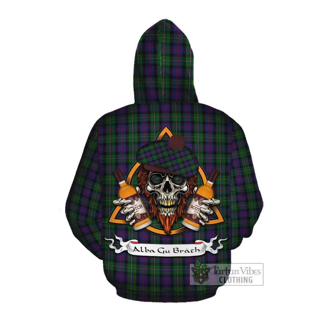 Tartan Vibes Clothing MacCallum (McCallum) Tartan Cotton Hoodie with Family Crest and Bearded Skull Holding Bottles of Whiskey