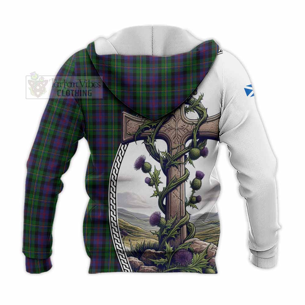 Tartan Vibes Clothing MacCallum (McCallum) Tartan Knitted Hoodie with Family Crest and St. Andrew's Cross Accented by Thistle Vines