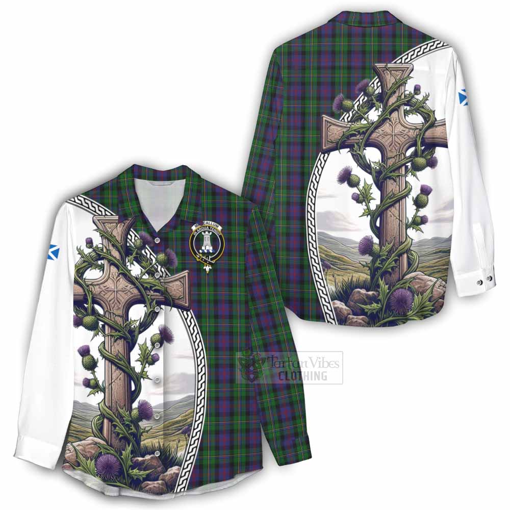 Tartan Vibes Clothing MacCallum (McCallum) Tartan Women's Casual Shirt with Family Crest and St. Andrew's Cross Accented by Thistle Vines