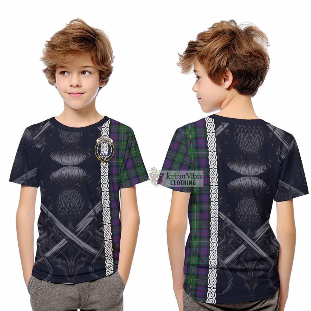 Tartan Vibes Clothing MacCallum (McCallum) Tartan Kid T-Shirt with Family Crest Cross Sword Thistle Celtic Vibes