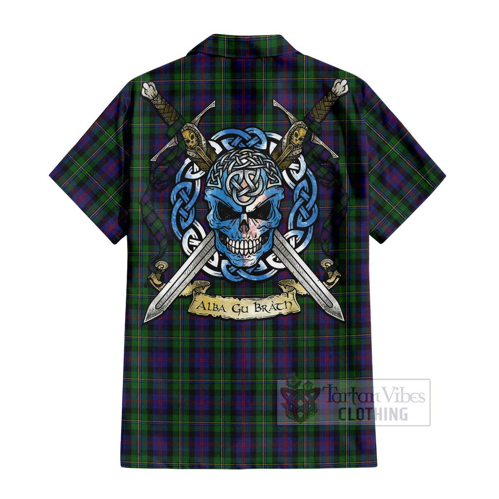 Tartan Vibes Clothing MacCallum (McCallum) Tartan Short Sleeve Button Shirt with Family Crest Celtic Skull Style