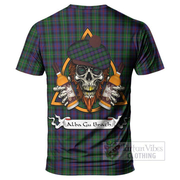 MacCallum (McCallum) Tartan T-Shirt with Family Crest and Bearded Skull Holding Bottles of Whiskey