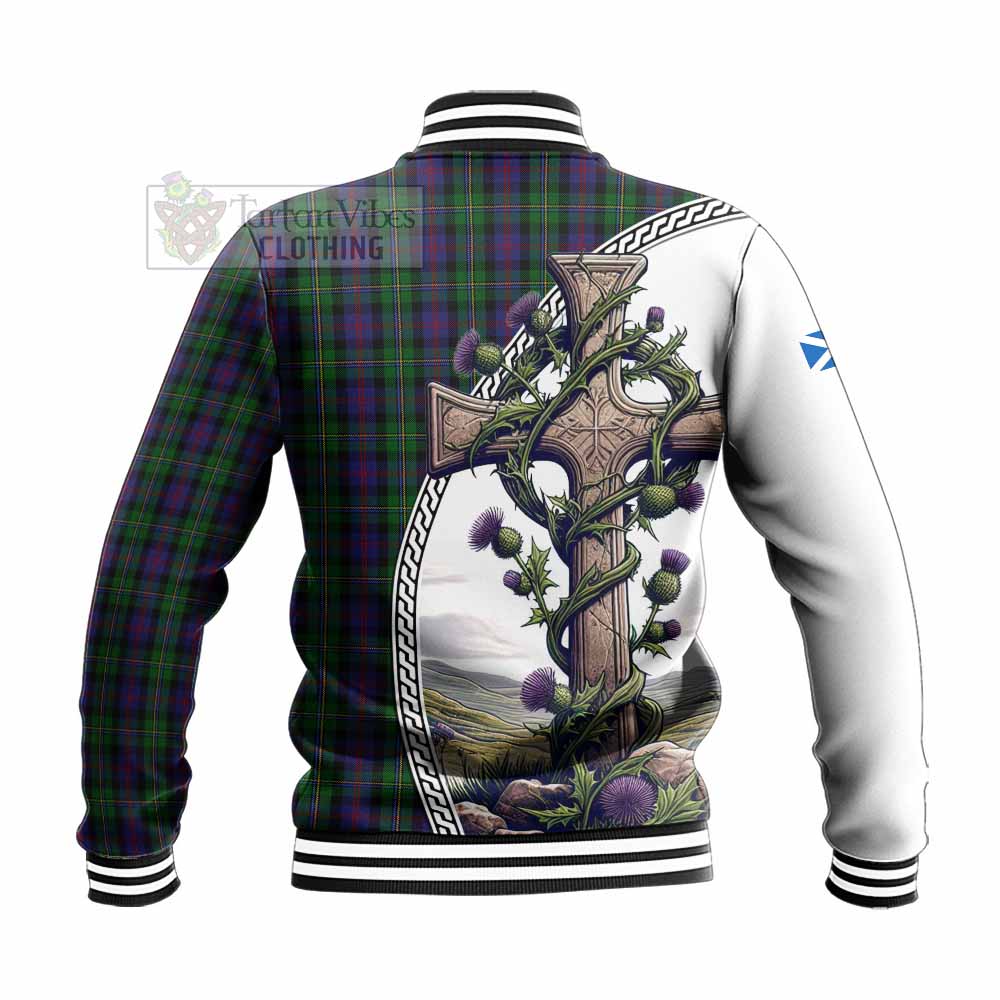 Tartan Vibes Clothing MacCallum (McCallum) Tartan Baseball Jacket with Family Crest and St. Andrew's Cross Accented by Thistle Vines