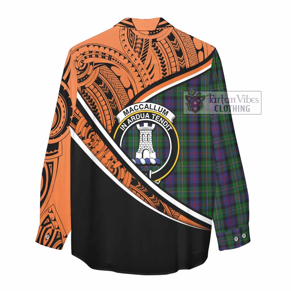 Tartan Vibes Clothing MacCallum (McCallum) Crest Tartan Women's Casual Shirt with Maori Tattoo Style - Orange Version