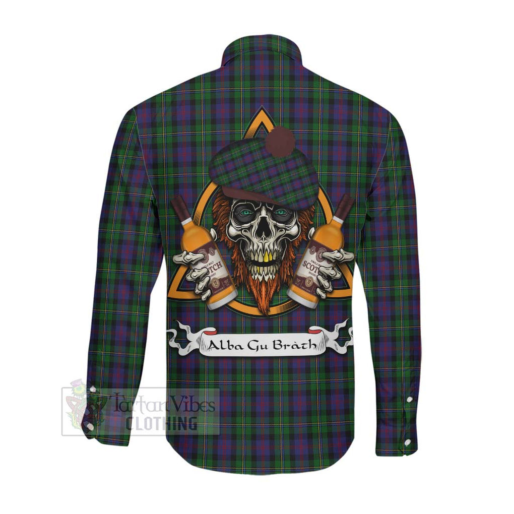 Tartan Vibes Clothing MacCallum (McCallum) Tartan Long Sleeve Button Shirt with Family Crest and Bearded Skull Holding Bottles of Whiskey