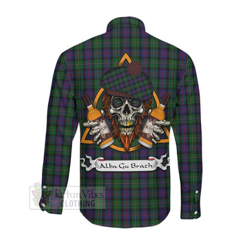 MacCallum (McCallum) Tartan Long Sleeve Button Shirt with Family Crest and Bearded Skull Holding Bottles of Whiskey