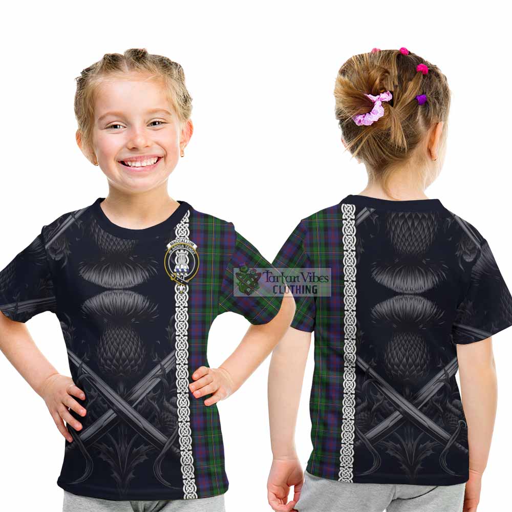 Tartan Vibes Clothing MacCallum (McCallum) Tartan Kid T-Shirt with Family Crest Cross Sword Thistle Celtic Vibes