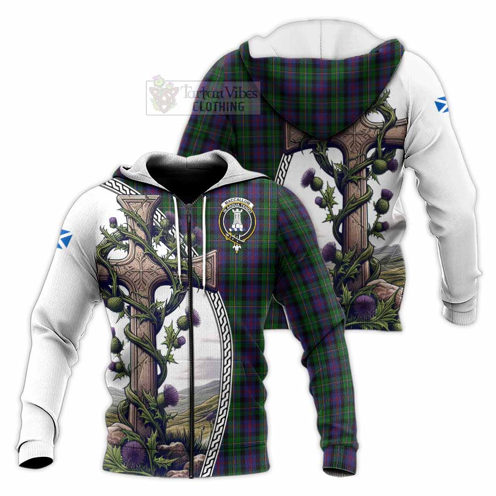 Tartan Vibes Clothing MacCallum (McCallum) Tartan Knitted Hoodie with Family Crest and St. Andrew's Cross Accented by Thistle Vines