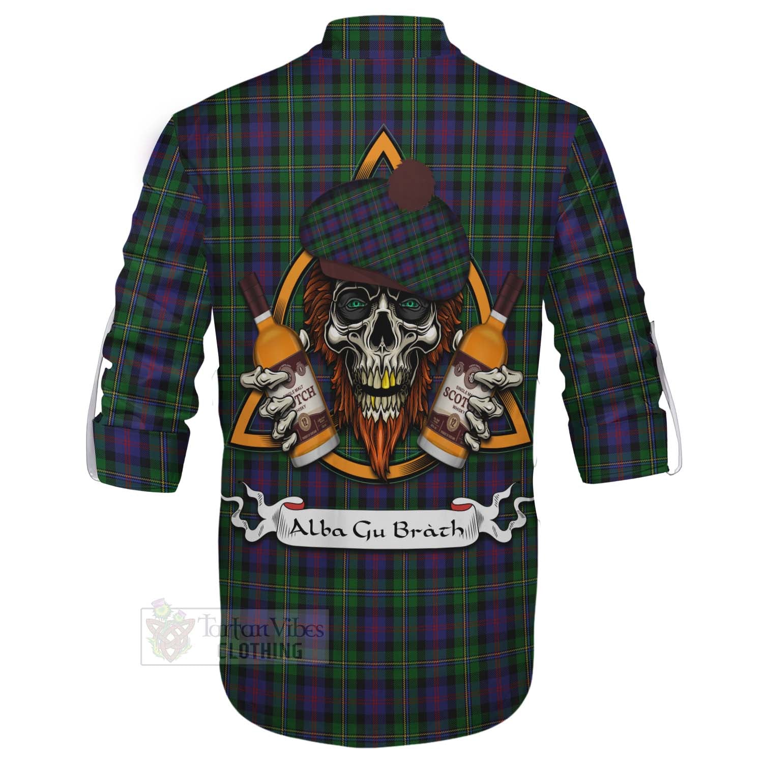 Tartan Vibes Clothing MacCallum (McCallum) Tartan Ghillie Kilt Shirt with Family Crest and Bearded Skull Holding Bottles of Whiskey