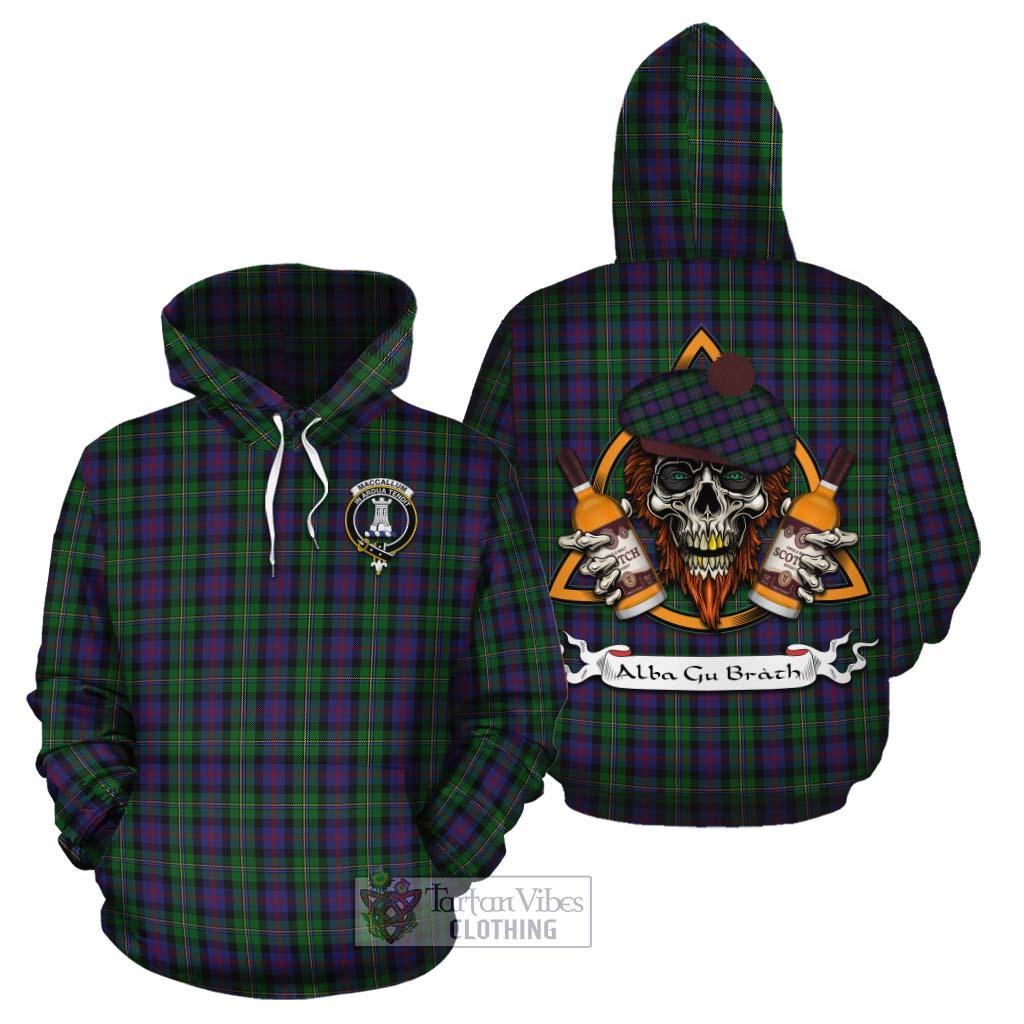 Tartan Vibes Clothing MacCallum (McCallum) Tartan Cotton Hoodie with Family Crest and Bearded Skull Holding Bottles of Whiskey