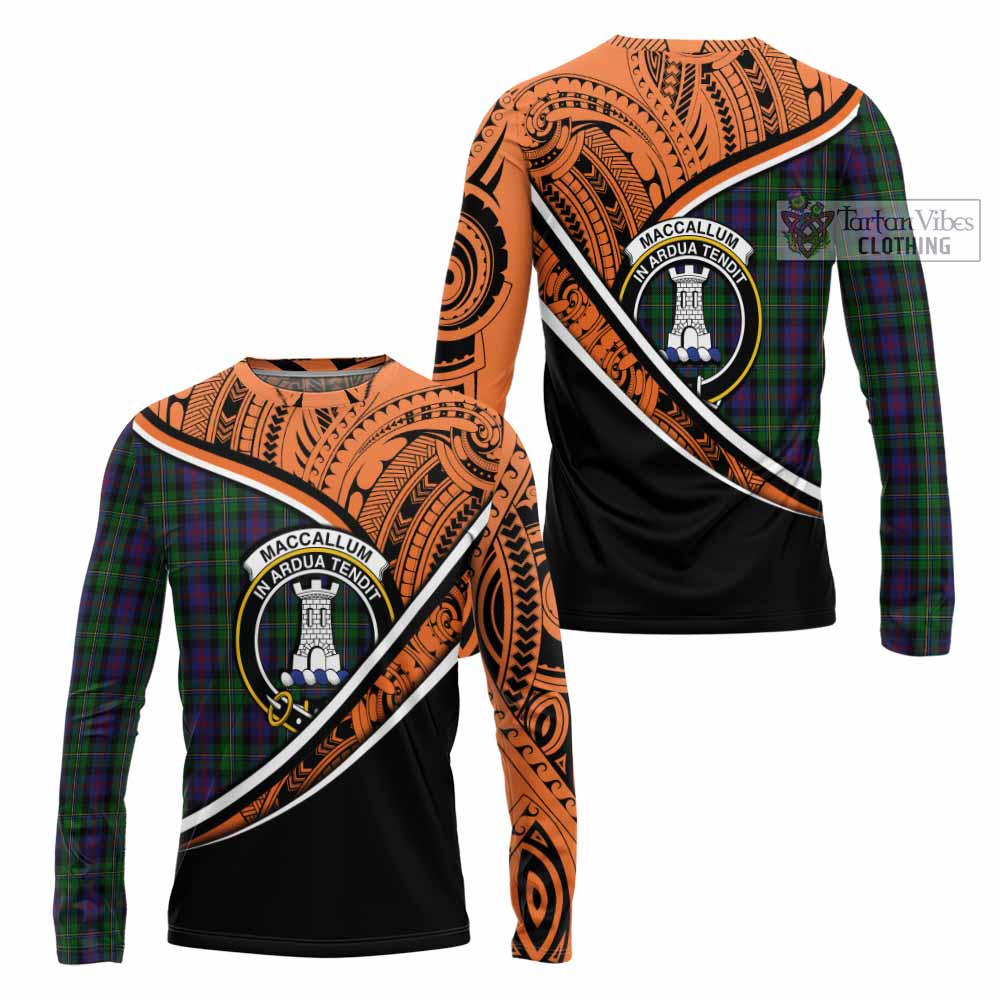 Tartan Vibes Clothing MacCallum (McCallum) Crest Tartan Long Sleeve T-Shirt with Maori Tattoo Style - Orange Version