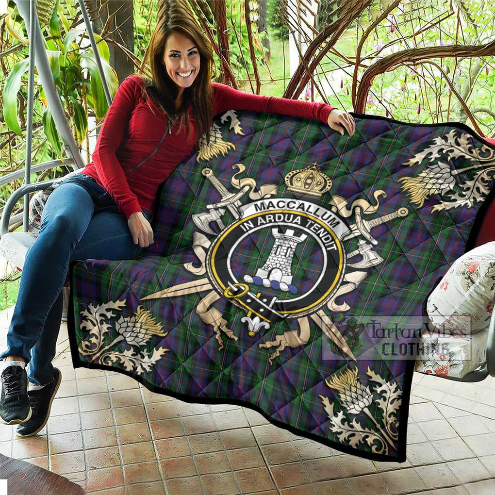 Tartan Vibes Clothing MacCallum (McCallum) Tartan Quilt with Family Crest and Scottish Golden Courage Shield