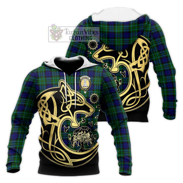 MacCallum Modern Tartan Knitted Hoodie with Family Crest Celtic Wolf Style