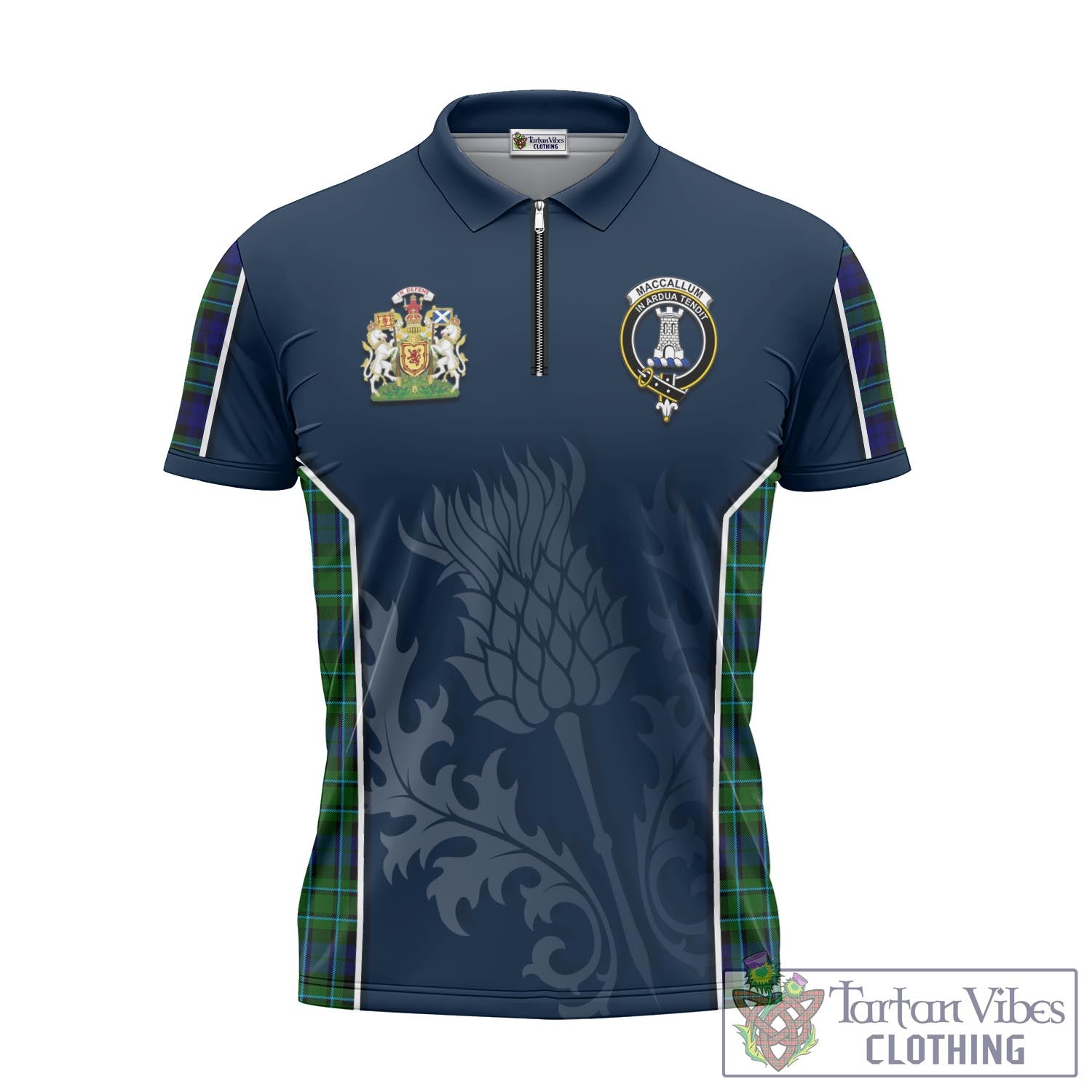 Tartan Vibes Clothing MacCallum Modern Tartan Zipper Polo Shirt with Family Crest and Scottish Thistle Vibes Sport Style