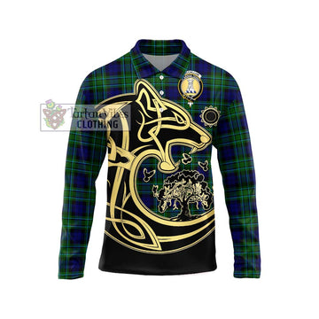 MacCallum Modern Tartan Long Sleeve Polo Shirt with Family Crest Celtic Wolf Style