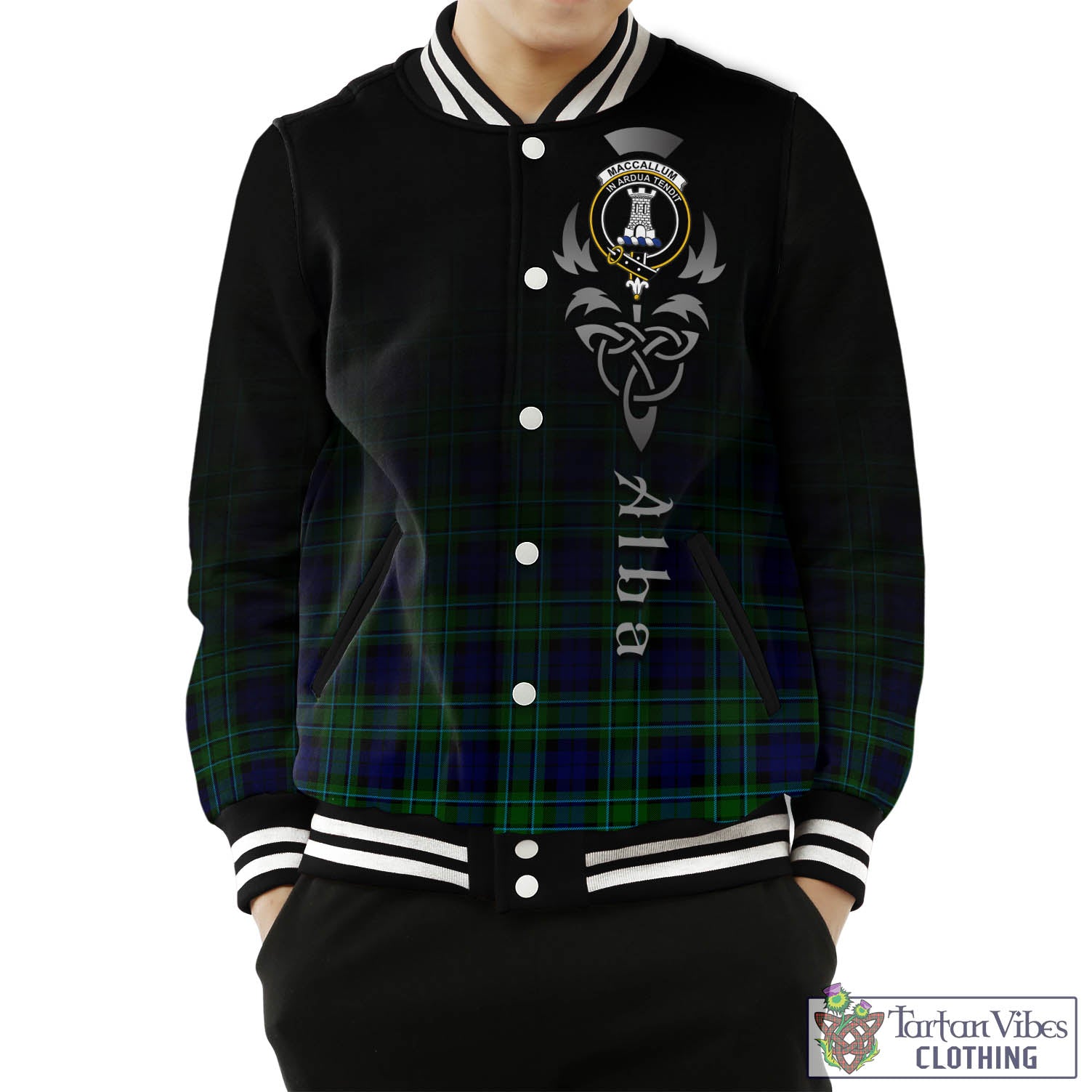 Tartan Vibes Clothing MacCallum Modern Tartan Baseball Jacket Featuring Alba Gu Brath Family Crest Celtic Inspired