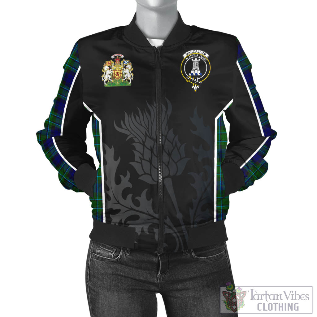 Tartan Vibes Clothing MacCallum Modern Tartan Bomber Jacket with Family Crest and Scottish Thistle Vibes Sport Style