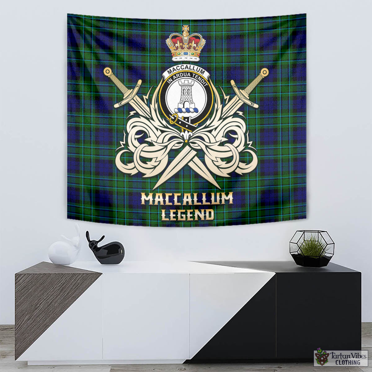 Tartan Vibes Clothing MacCallum Modern Tartan Tapestry with Clan Crest and the Golden Sword of Courageous Legacy