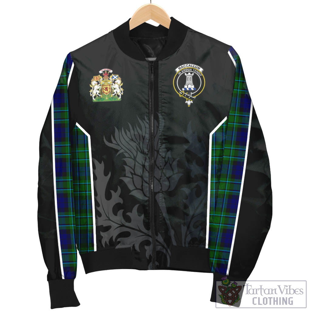 Tartan Vibes Clothing MacCallum Modern Tartan Bomber Jacket with Family Crest and Scottish Thistle Vibes Sport Style