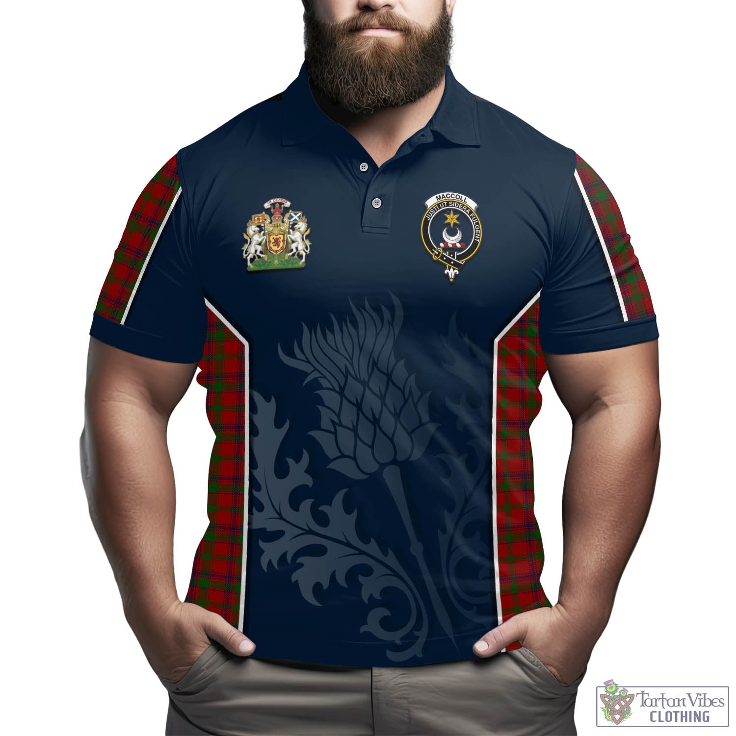 Tartan Vibes Clothing MacColl Tartan Men's Polo Shirt with Family Crest and Scottish Thistle Vibes Sport Style