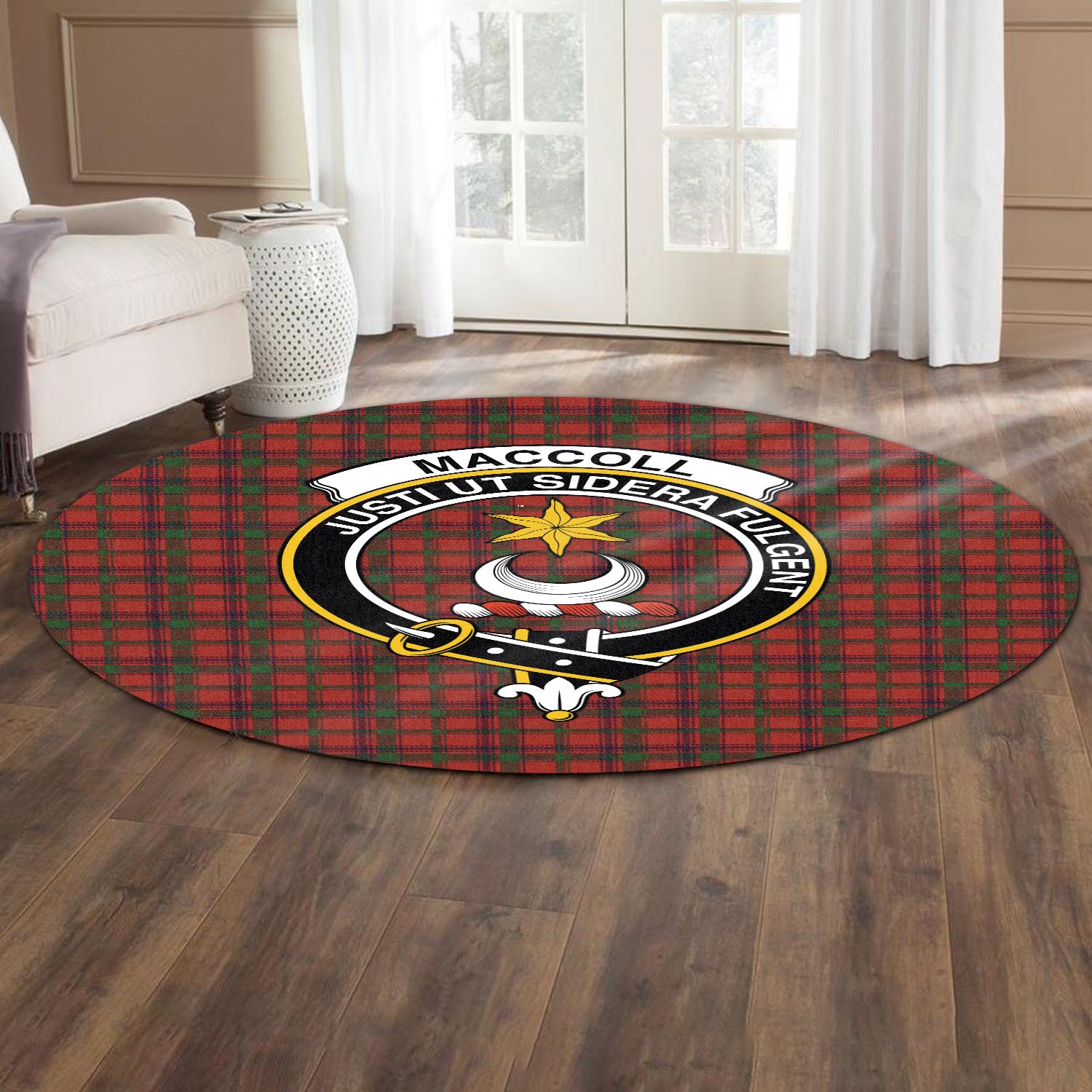 maccoll-tartan-round-rug-with-family-crest