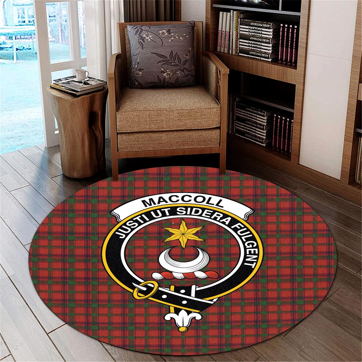 maccoll-tartan-round-rug-with-family-crest