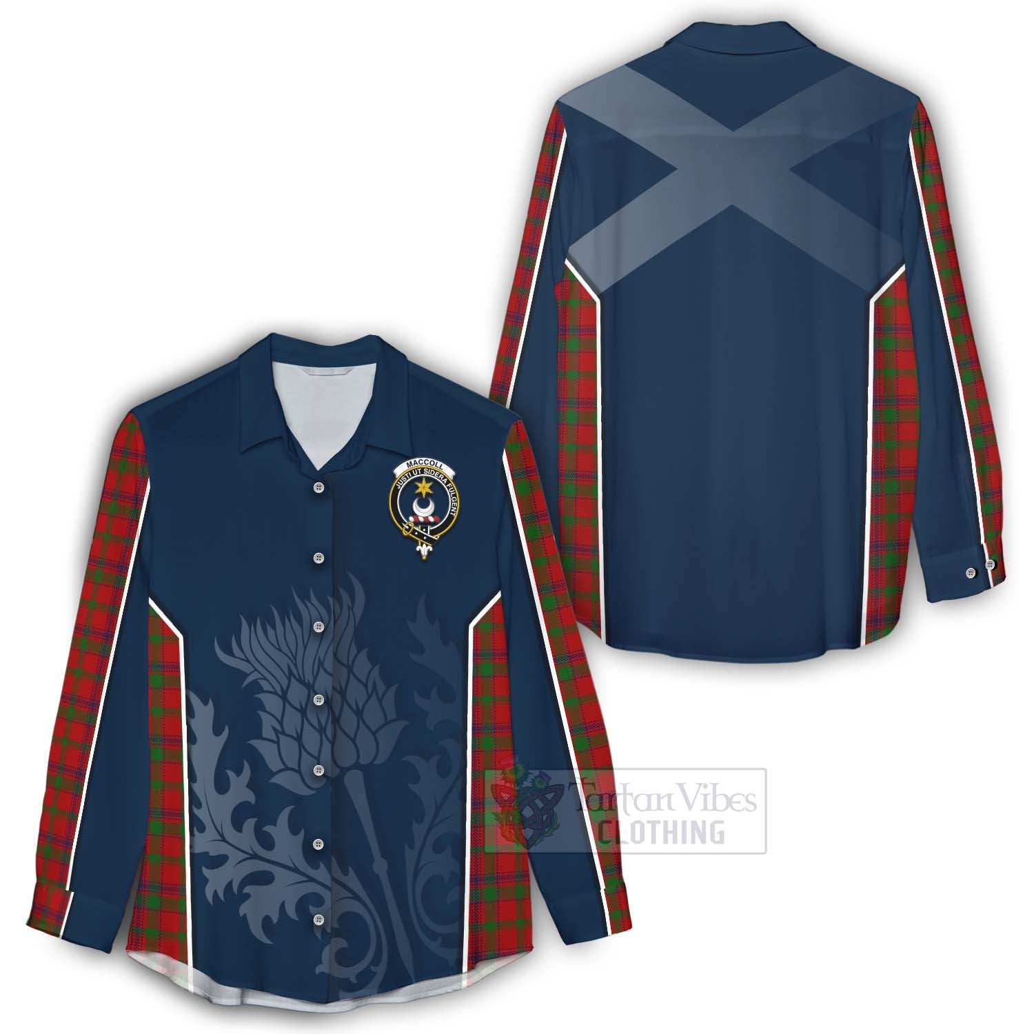 Tartan Vibes Clothing MacColl (McColl) Tartan Women's Casual Shirt with Family Crest and Scottish Thistle Vibes Sport Style