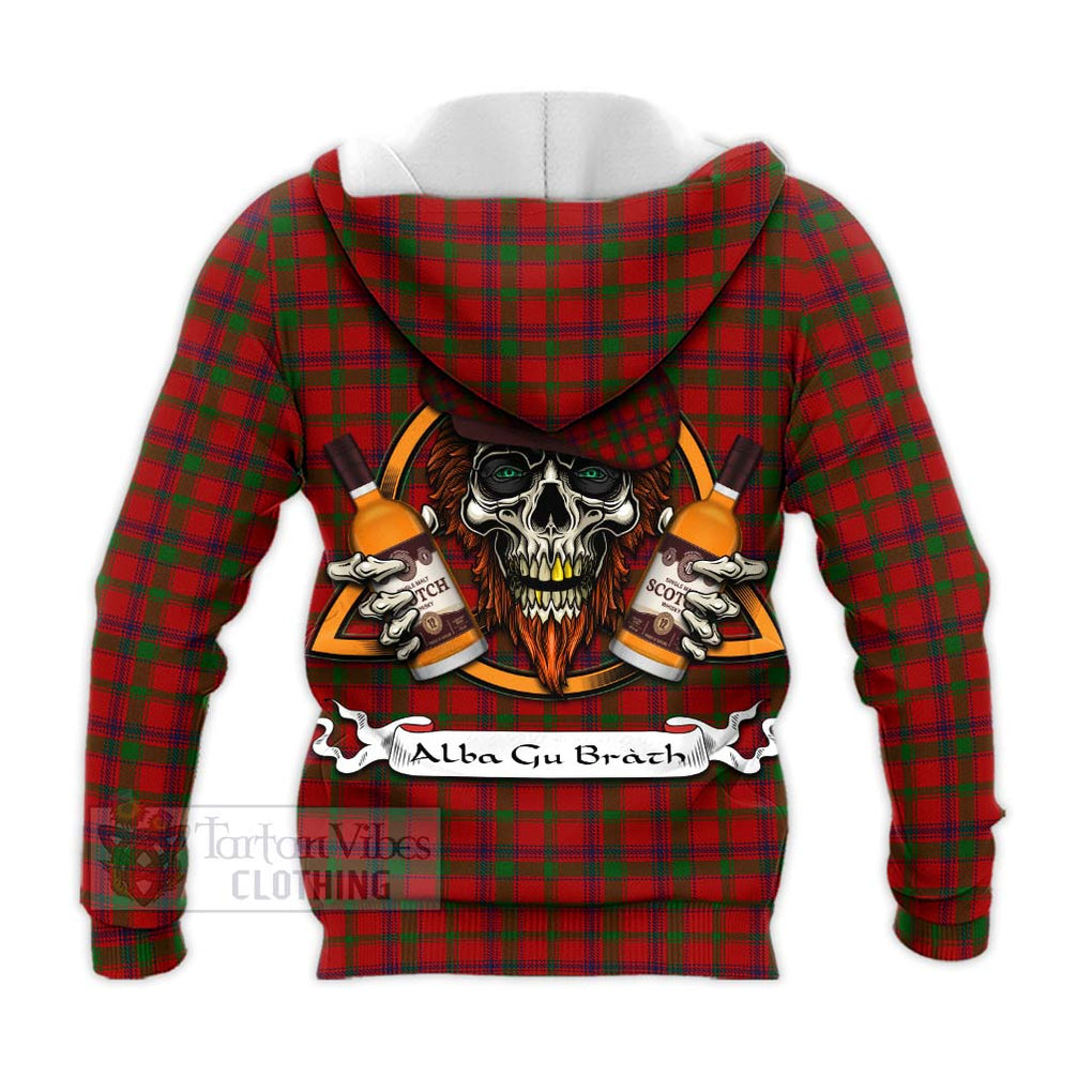 Tartan Vibes Clothing MacColl (McColl) Tartan Knitted Hoodie with Family Crest and Bearded Skull Holding Bottles of Whiskey