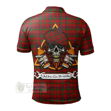 MacColl (McColl) Tartan Polo Shirt with Family Crest and Bearded Skull Holding Bottles of Whiskey