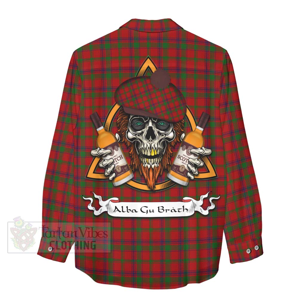 Tartan Vibes Clothing MacColl (McColl) Tartan Women's Casual Shirt with Family Crest and Bearded Skull Holding Bottles of Whiskey