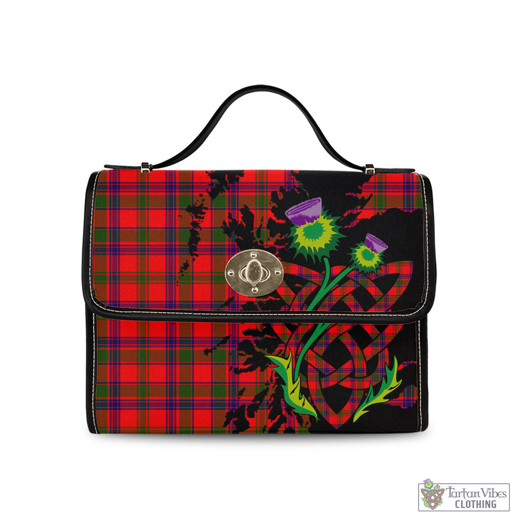 Tartan Vibes Clothing MacColl Modern Tartan Canvas Bag with Leather Straps Highlighting Celtic Thistle and Scotland Map