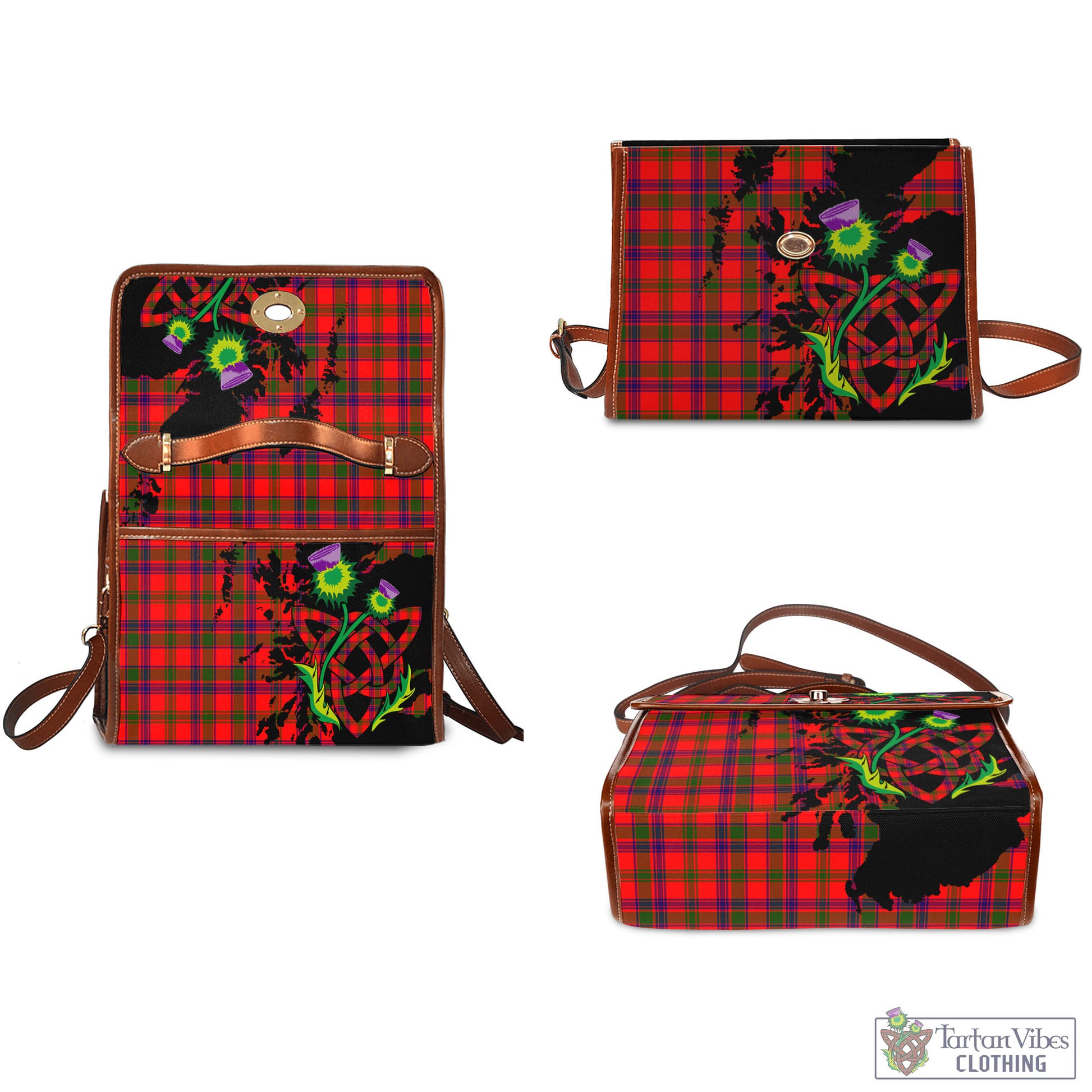 Tartan Vibes Clothing MacColl Modern Tartan Canvas Bag with Leather Straps Highlighting Celtic Thistle and Scotland Map