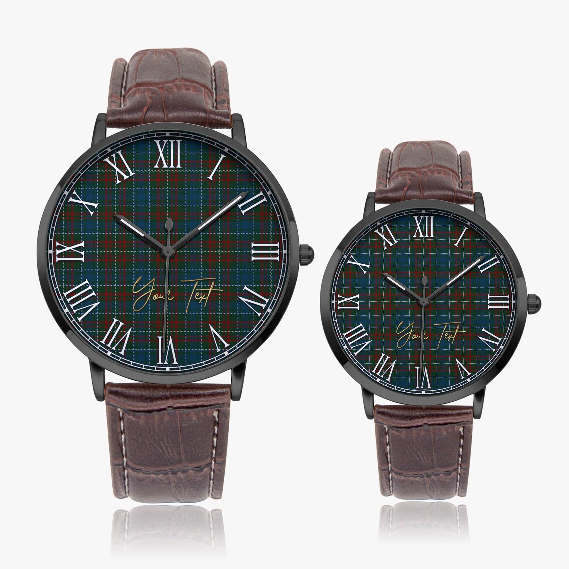 MacConnell Tartan Personalized Your Text Leather Trap Quartz Watch Ultra Thin Black Case With Brown Leather Strap - Tartanvibesclothing