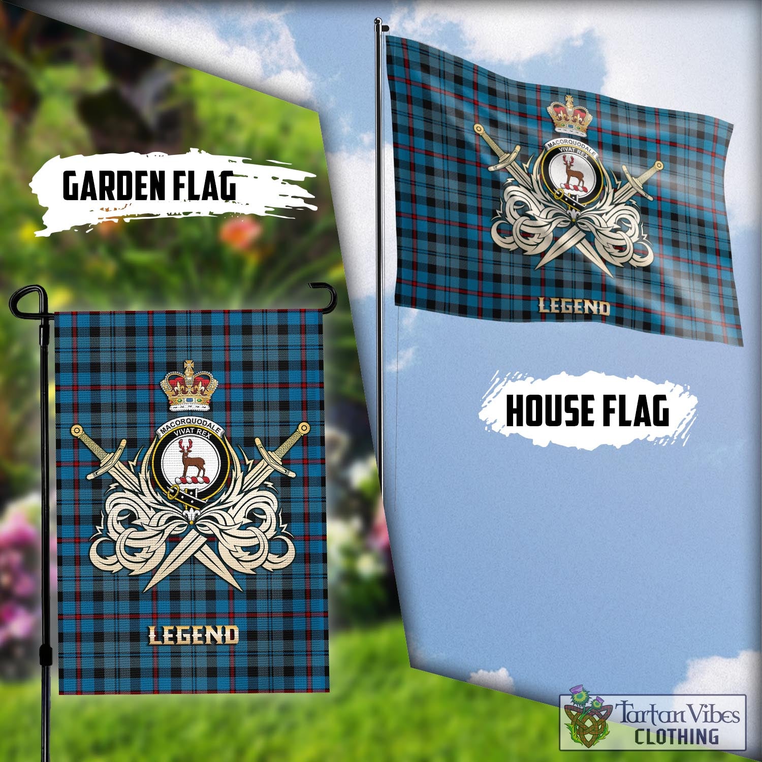 Tartan Vibes Clothing MacCorquodale Tartan Flag with Clan Crest and the Golden Sword of Courageous Legacy